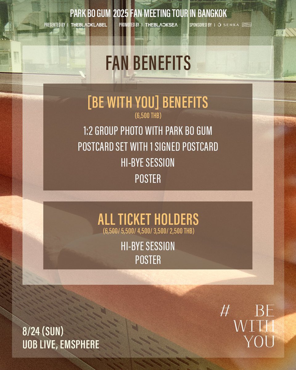 Entivity_'s tweet image. พัคโบกอมแบอู กลับมาหาแฟนๆชาวไทยอีกครั้ง
กับงาน  PARK BO GUM 2025 FAN MEETING TOUR [BE WITH YOU] IN BANGKOK

จะจัดขึ้นในวันที่ 24 สิงหาคมนี้ 
ที่ UOB LIVE ศูนย์การค้า EMSPHERE

พิเศษ! ฮีเสิร์ฟ Hi-Bye ทุกที่นั่ง‼️

#PARKBOGUM2025_FANMEETING_BEWITHYOU_BKK
#24สิงหามาเจอพัคโบกอม