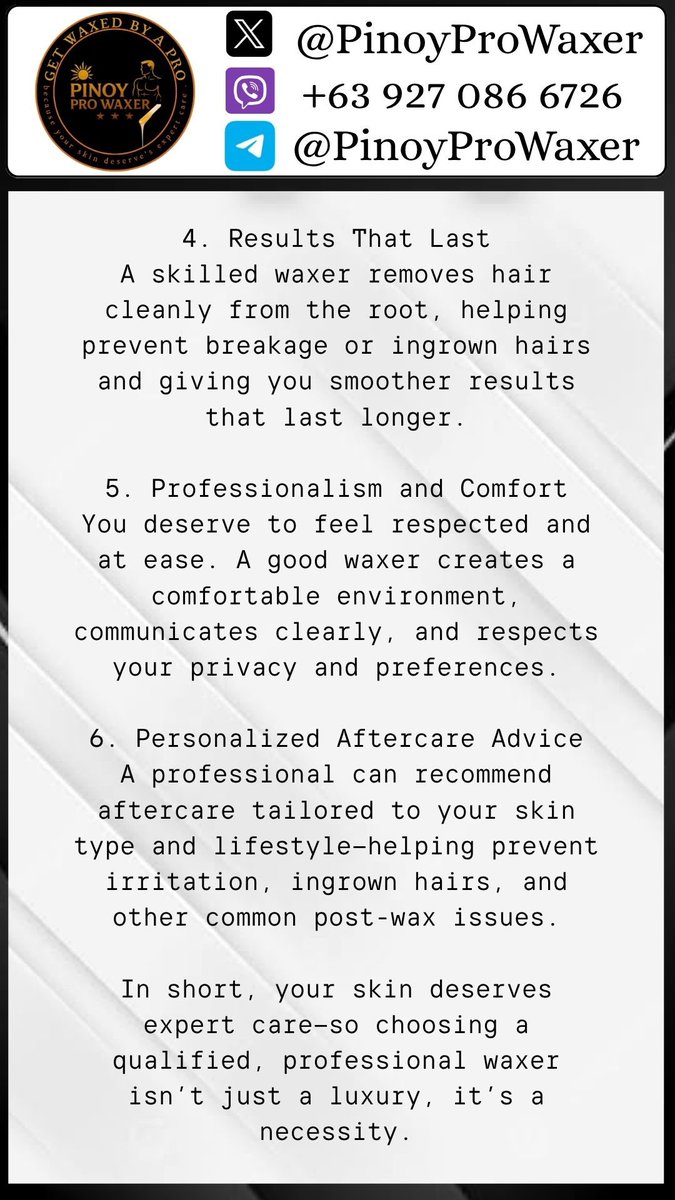 ProWAXph's tweet image. your skin deserves expert care—so choosing a qualified, professional waxer isn’t just a luxury, it’s a necessity.
#Waxing
#ProWax
#MaleWaxer
#Grooming
#ManilaWaxer
