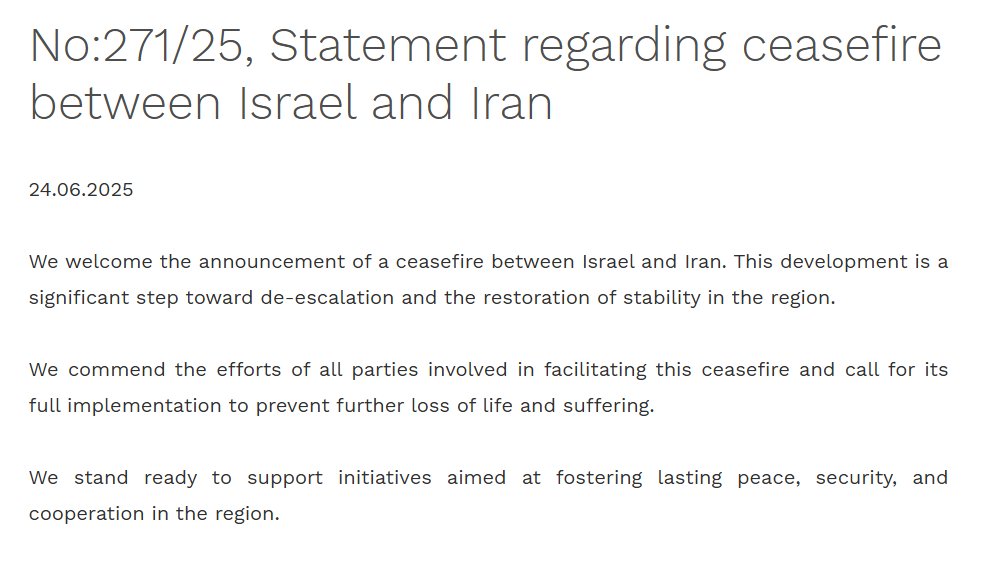 Azerbaijan MFA Statement regarding ceasefire between Israel and Iran

mfa.gov.az/en/news/no27125