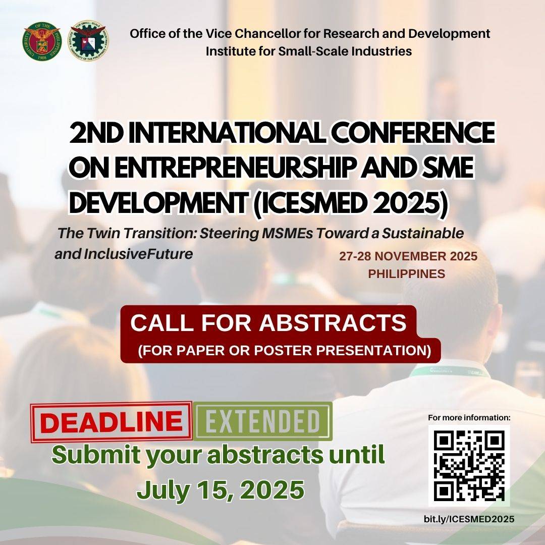 We are pleased to announce that the deadline for the submission of abstracts to ICESMED 2025 has been extended.

#icesmed2025 #SMEdevelopment #conferenceMSMEs