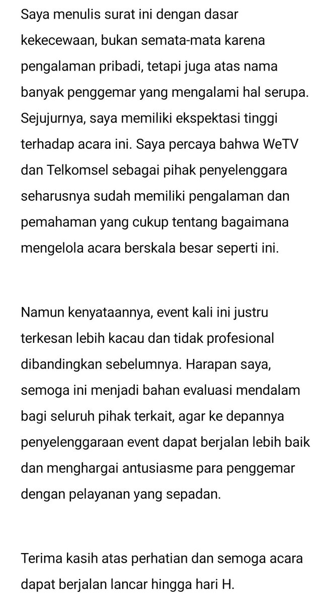 Surat Terbuka untuk <a href="/WeTVIndonesia/">WeTV Indonesia</a> dan <a href="/Telkomsel/">Telkomsel</a> terkait Penyelenggaraan Event Meet &amp; Greet NEXT1DE di Indonesia. 

#NexT1DE #WeTVxTelkomsel