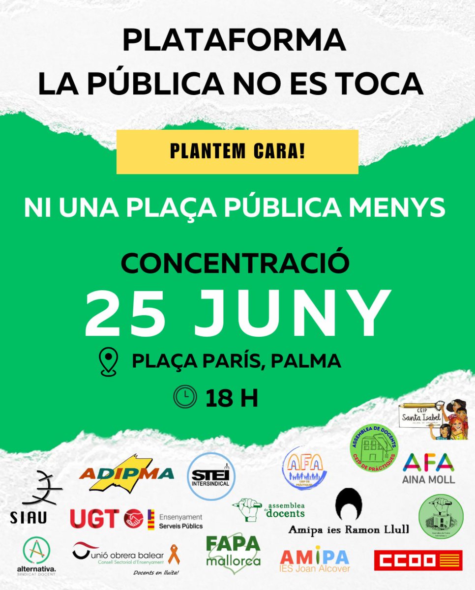 ⚠️És avui!
Dimecres 25 de juny 
🕕18 h.
📍Plaça París 
📢 Concentració

Primer va ser l’IES Politècnic.
Després, el CEIP Felip Bauçà.
Ara, tanquen grups de 3 anys.

No és una casualitat, és una estratègia.

Ni una plaça pública menys!
#LaPúblicaNoEsToca