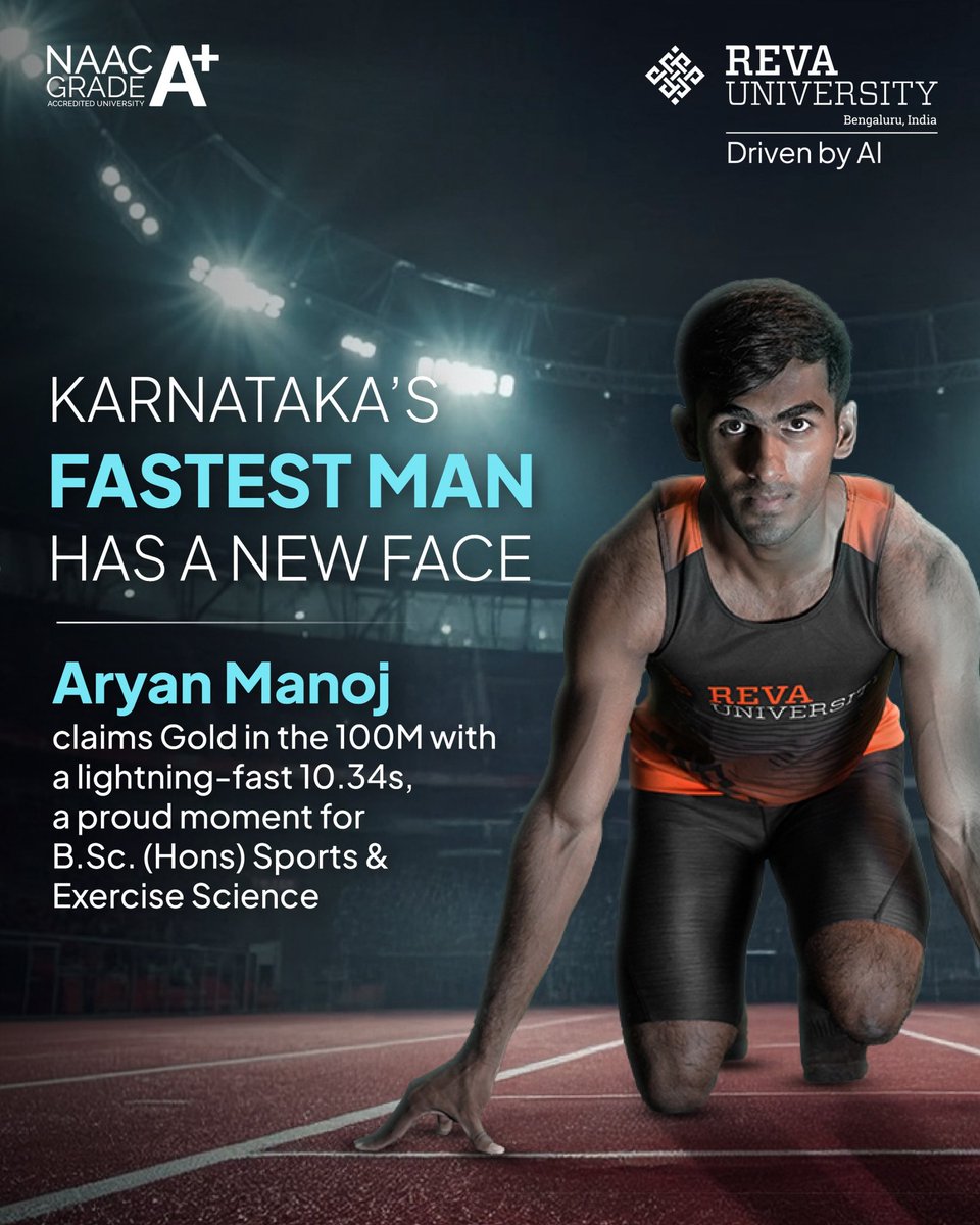 REVA’s very own Aryan Manoj storms into glory with a jaw-dropping 10.34s in the 100M, bagging Gold and rewriting what speed means in Karnataka!

From classroom theory to the finish line — this is what happens when talent meets training.
Proud moment for B.Sc.