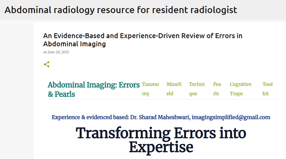 abdo_imaging's tweet image. I didn’t just use AI — I #augmented it! Yes, you read that right. I used my real-world clinical experience — the kind large language models can’t access — to build a resource called “Review of Errors in Abdominal Imaging.”
For all radiology students: abdominalimaging.blogspot.com/2025/06/intera…