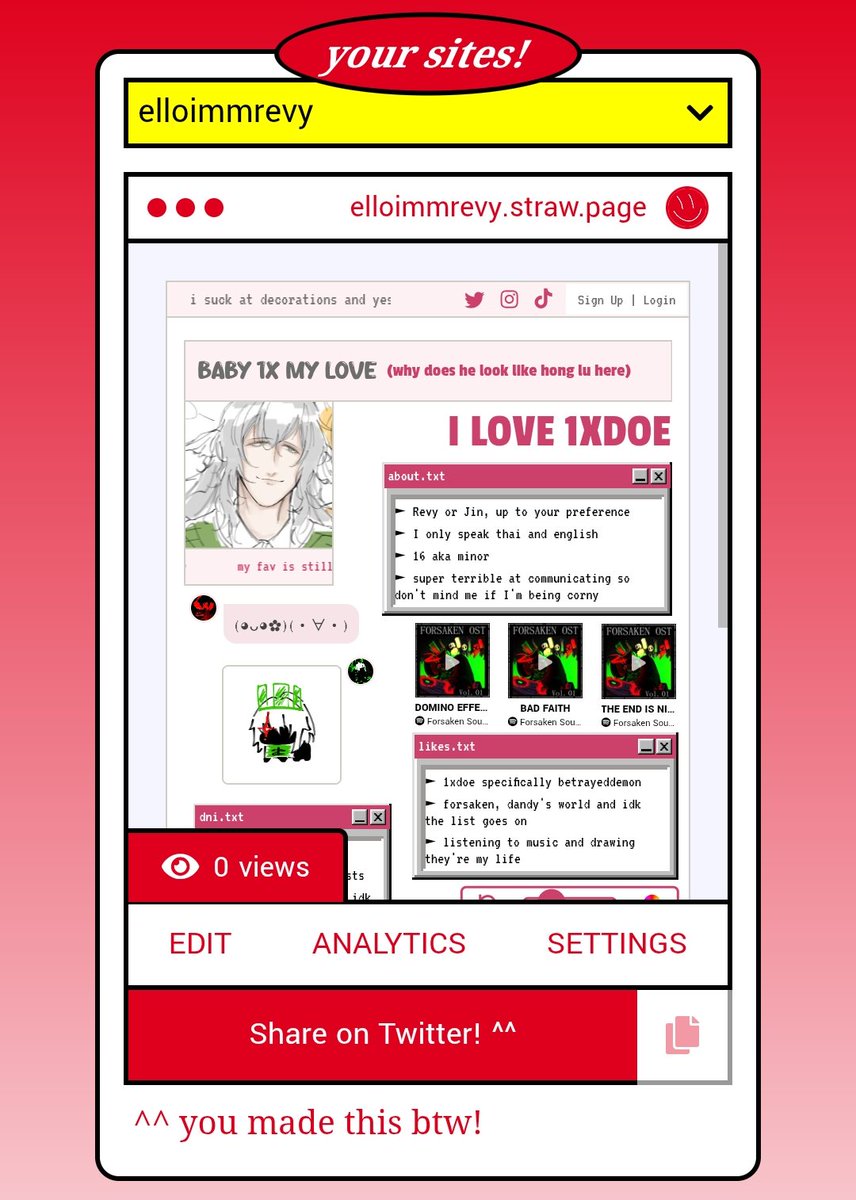 zunderika_00's tweet image. elloimmrevy.straw.page
my ahh forgot to add anon message 😭
anyways feel free to send anything here ** won't respond to nsfw/1x and shedletsky as a ship messages
I also take art reqs!!