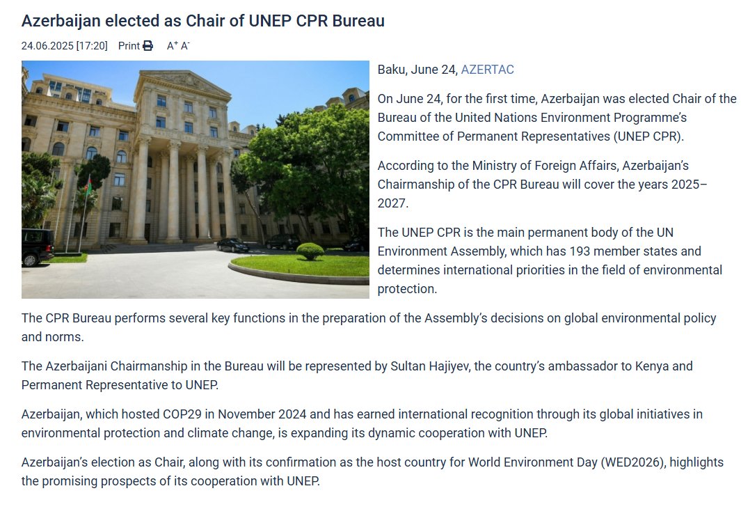 Azerbaijan elected as Chair of the Bureau of the United Nations Environment Programme’s Committee of Permanent Representatives (UNEP CPR)

azertag.az/en/xeber/azerb…