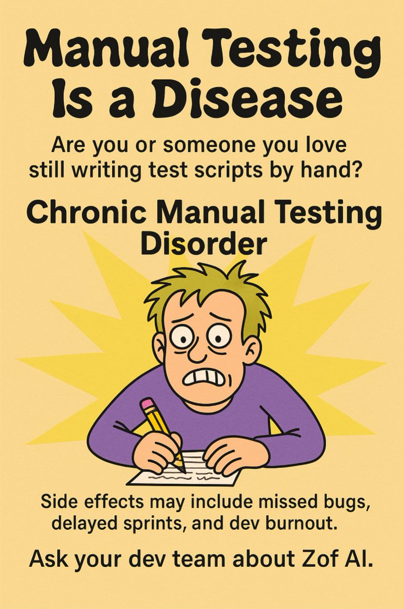 zof_ai's tweet image. 🚨 Still writing test scripts by hand? 

You might have CMTD: Chronic Manual Testing Disorder.

Symptoms: flaky tests, missed releases, burnout, and surprise prod fires.

Meet Zof AI, the no-code, self-healing testing assistant.

Test smarter. Ship faster.

#ZofAI #NoCodeQA