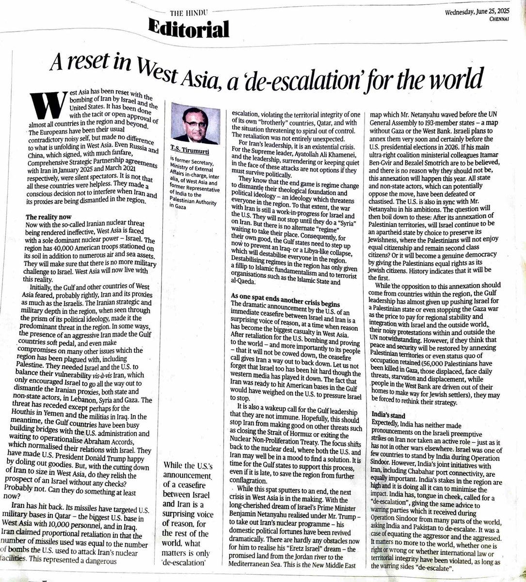 A good read. 

#IsraelIranConflict #Israel #US #Iran 

Editorial Page: The Hindu (June 25, 2025) 👇