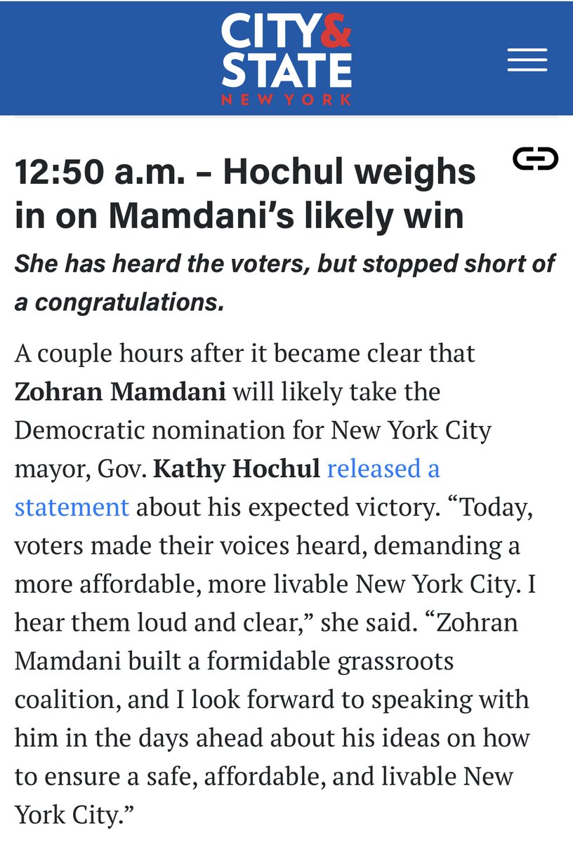 Hochul stopped short of congratulating Mamdani, despite expressing an openness to discussing his policies. 

Read more from the live blog: bit.ly/4likPnf