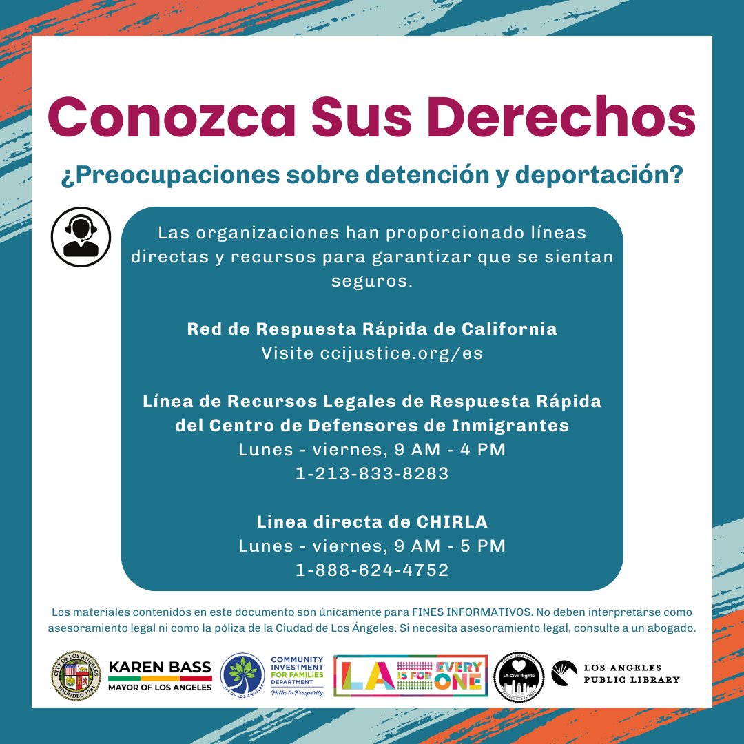 CIFDLA's tweet image. Hotlines and resources are available to share concerns about detainment and deportation. For more information and Know Your Rights resources, visit LA4Families.org
#KnowYourRights #LA4Families