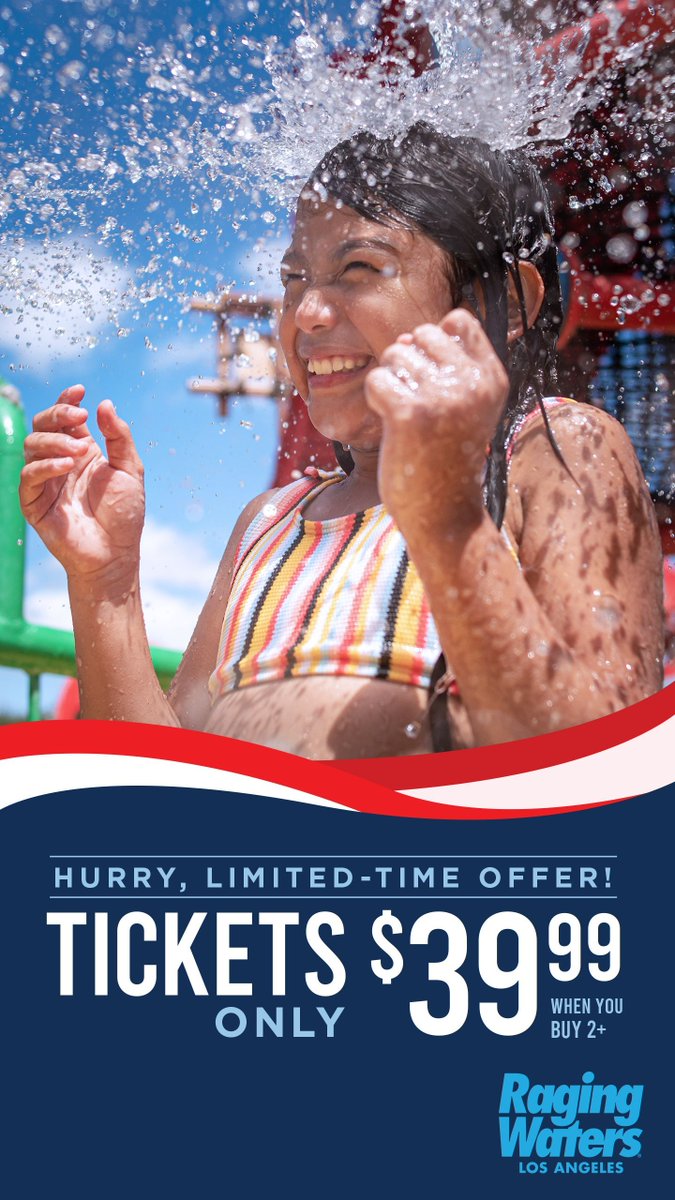 Red, White, and Savings! 🇺🇸 Raging Waters LA tickets just $39.99 each when you buy 2+—save 45%! 🎟️ Enjoy 50+ rides &amp; 4 USA Today 10Best winners: High Extreme, Neptune's Fury, Aqua Rocket &amp; Wave Cove! Visit any day thru 7/27 👉 buff.ly/aKfKm1B #ragingwatersla #sale