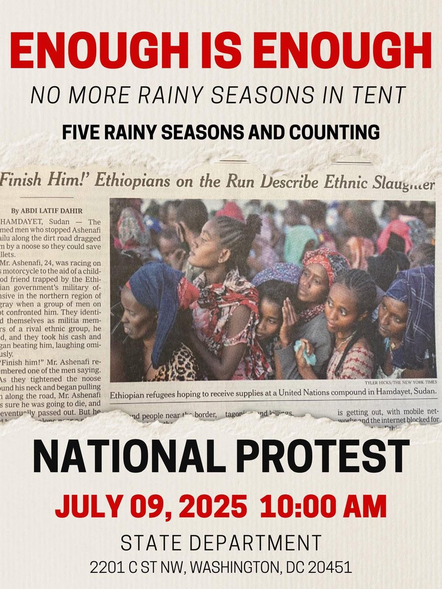 NEWS RELEASE Tigrayan Diaspora to Stage National Protest Demanding Action for IDPs Stranded in Sudan

Washington, D.C. June 24, 2025 In a powerful call to action, members of the Tigrayan diaspora and allies are organizing a national protest outside the U.S. State Department on