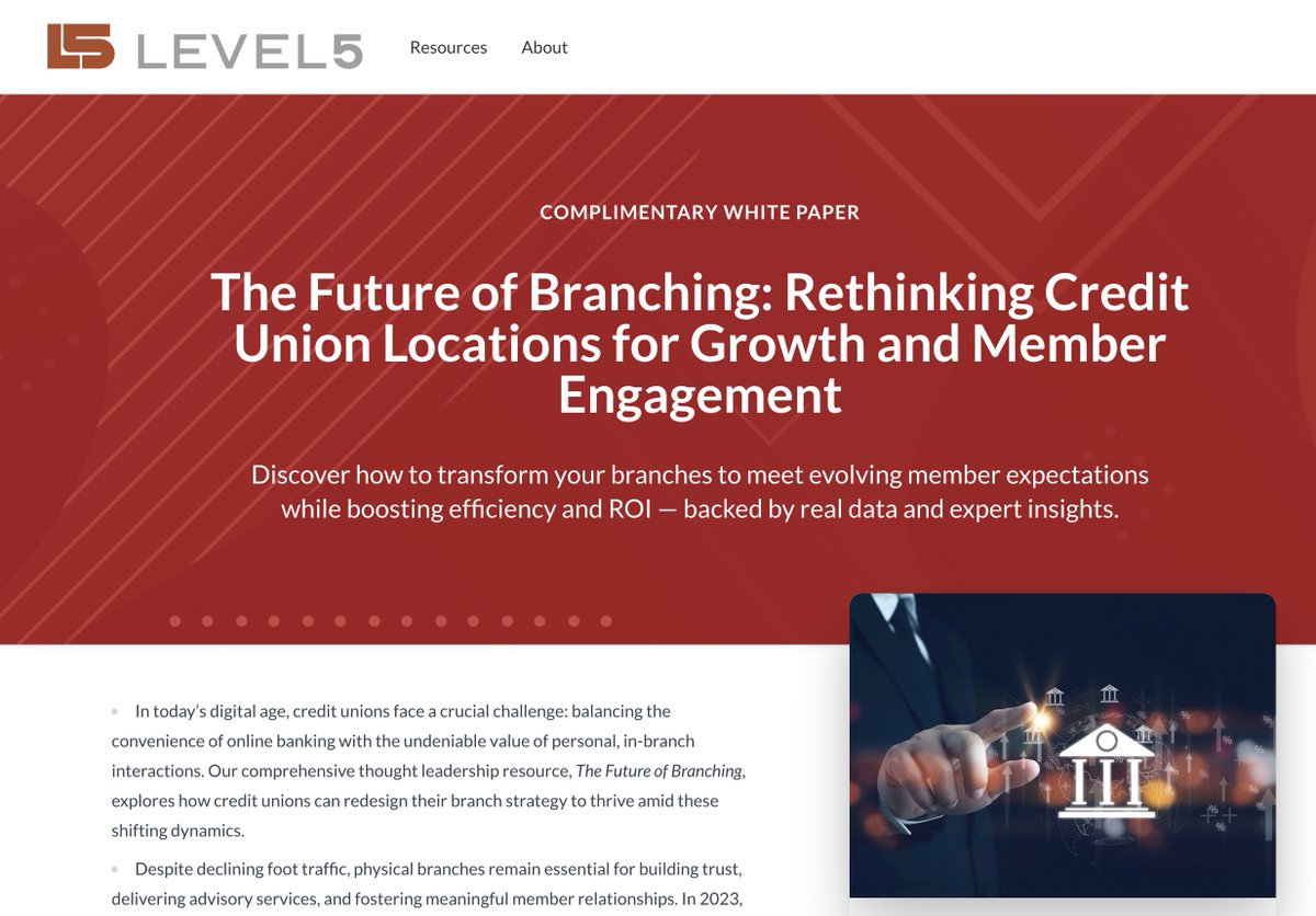Check out Level5's white paper: "The Future of Branching: Rethinking Credit Union Locations for Growth and Member Engagement" on our CU Knowledge Hub for #creditunions #financialservices ...bit.ly/3T9PEPg