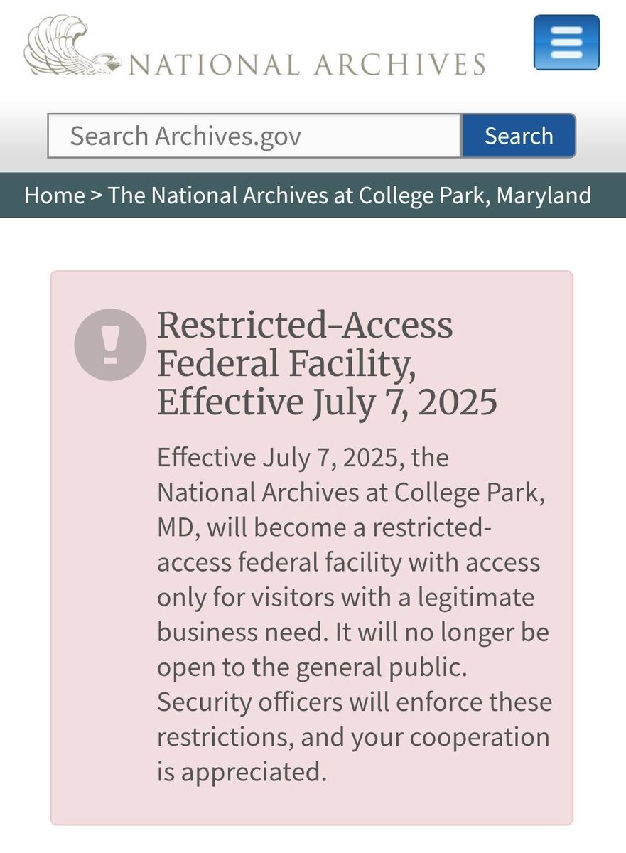 I don't do my research in China due to how inaccessible their archives are. Now the US is closing national archives to the public. Which archive is next?