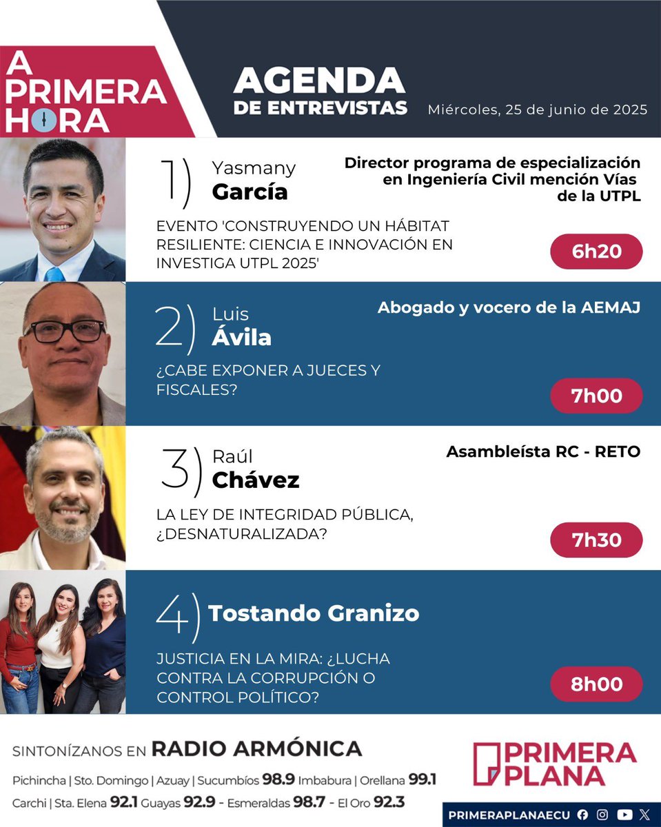 🎙️Agenda del noticiero #APrimeraHora | Miércoles, 25 de junio de 2025.

➡️ <a href="/utpl/">🎓 UTPL</a> 
➡️ <a href="/AsoJuecesEc/">Aso. Jueces - Ecuador - AEMAJ</a> 
➡️ <a href="/Rauli_Chavez/">Raúl Chávez</a> 
➡️ <a href="/tostandogranizo/">@TostandoGranizo</a>, <a href="/XRonErraez/">Ximena Ron Erráez</a>, <a href="/NguyenGuerrero/">Annabell Guerrero Pita ⚖🏄🏽‍♀️🍉</a>, <a href="/LoloMino/">Lolo Miño⚖️</a> 
 
Los esperamos desde las 06h00 am, con <a href="/fabriciovelav/">Fabricio Vela</a> y <a href="/AndreaOrbe5/">Andrea Orbe Saltos</a>