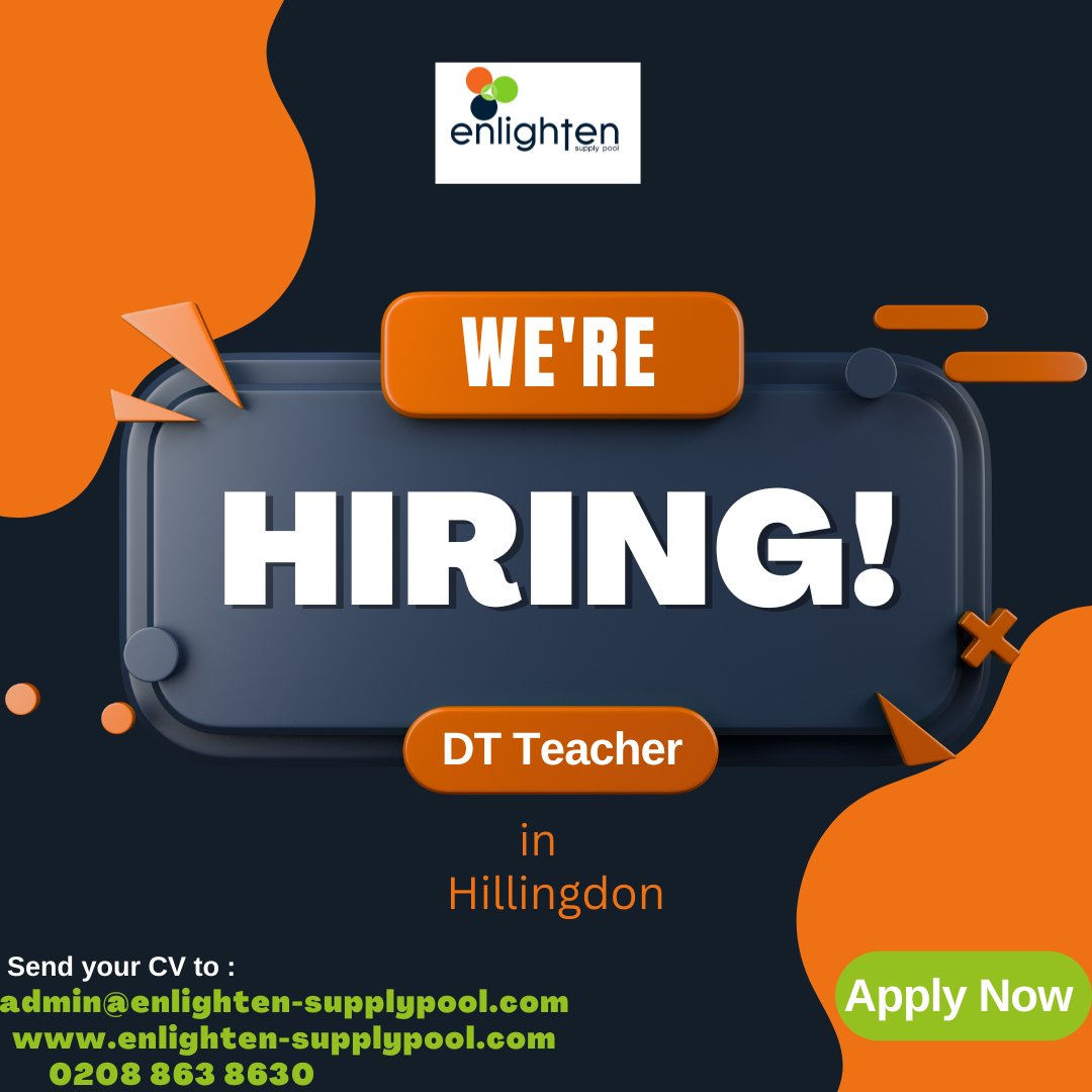 EnlightenPool's tweet photo. We're hiring! 📢 Enlighten Supply Pool is looking for a passionate and skilled Design &amp; Technology (DT) Teacher to inspire the next generation. 🌟Apply today and join our growing network of educators.#TeachingJobs #DTTeacher #EducationCareers #EnlightenSupplyPool https://t.co/TFTWgOKH6C