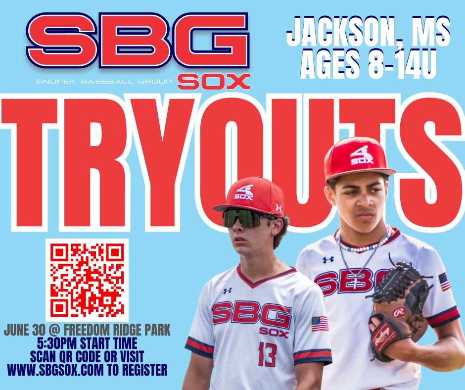 Snopek Baseball Group (@sbgsox) on Twitter photo 🚨JACKSON, MS🚨
➡️We have added an additional tryout date at Freedom Ridge Park in Ridgeland, MS to round out rosters for the 2025-26 season!
⚾️Ages 8-14U
📆June 30
🕰5:30pm
⛓: sbgsox.com/upcoming-tryou…
Questions/ Additional Info: Colton Hood (colton@sbgsox.com) 🚨JACKSON, MS🚨
➡️We have added an additional tryout date at Freedom Ridge Park in Ridgeland, MS to round out rosters for the 2025-26 season!
⚾️Ages 8-14U
📆June 30
🕰5:30pm
⛓: sbgsox.com/upcoming-tryou…
Questions/ Additional Info: Colton Hood (colton@sbgsox.com)