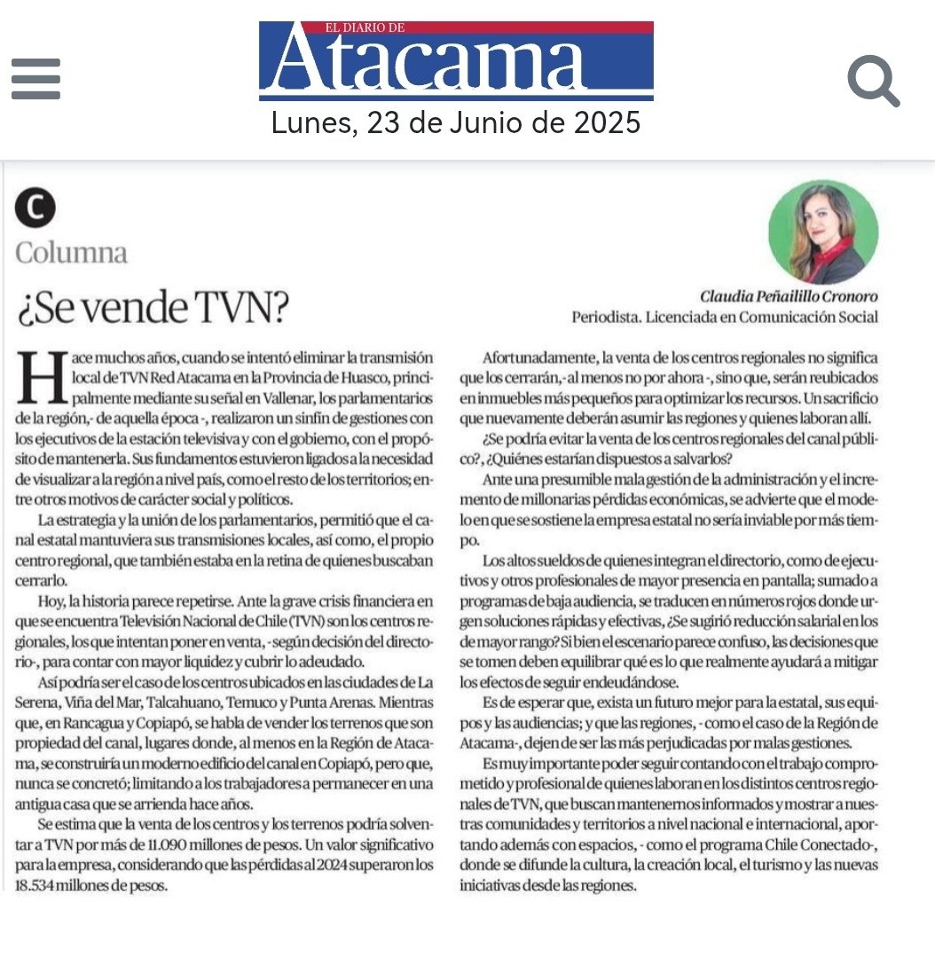 ¿Se vende TVN?🤔
<a href="/TVN/">TVN</a> <a href="/24HorasTVN/">24 Horas</a> <a href="/diarioatacama/">Diario Atacama</a>
#regiones #parlamentarios #ColumnaDeOpinion