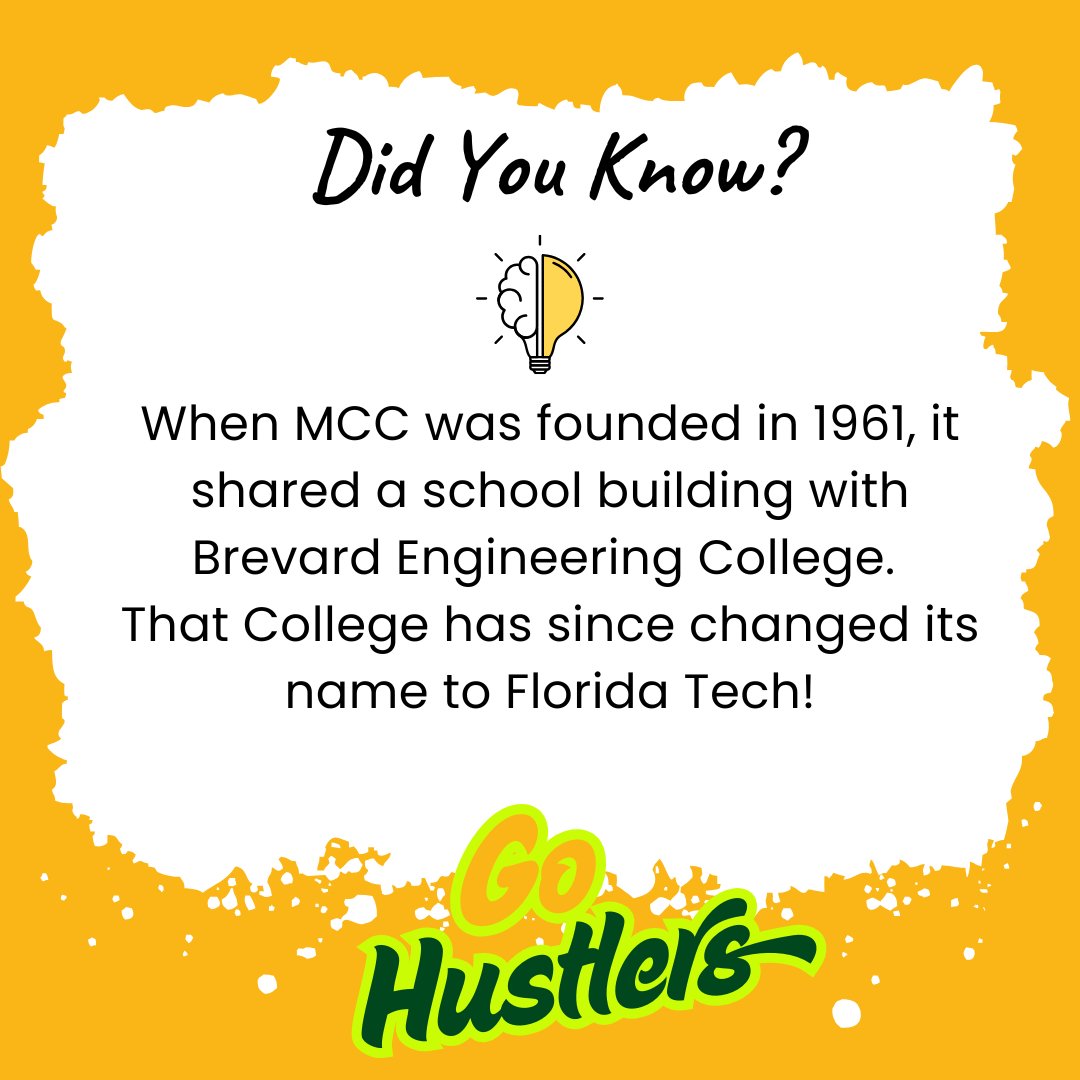 MCC_HighSchool's tweet image. Did You Know? When MCC was founded in 1961, it shared a school building with Brevard Engineering College. That college has since changed its name to Florida Tech! #mcchustlers  #FloridaTech