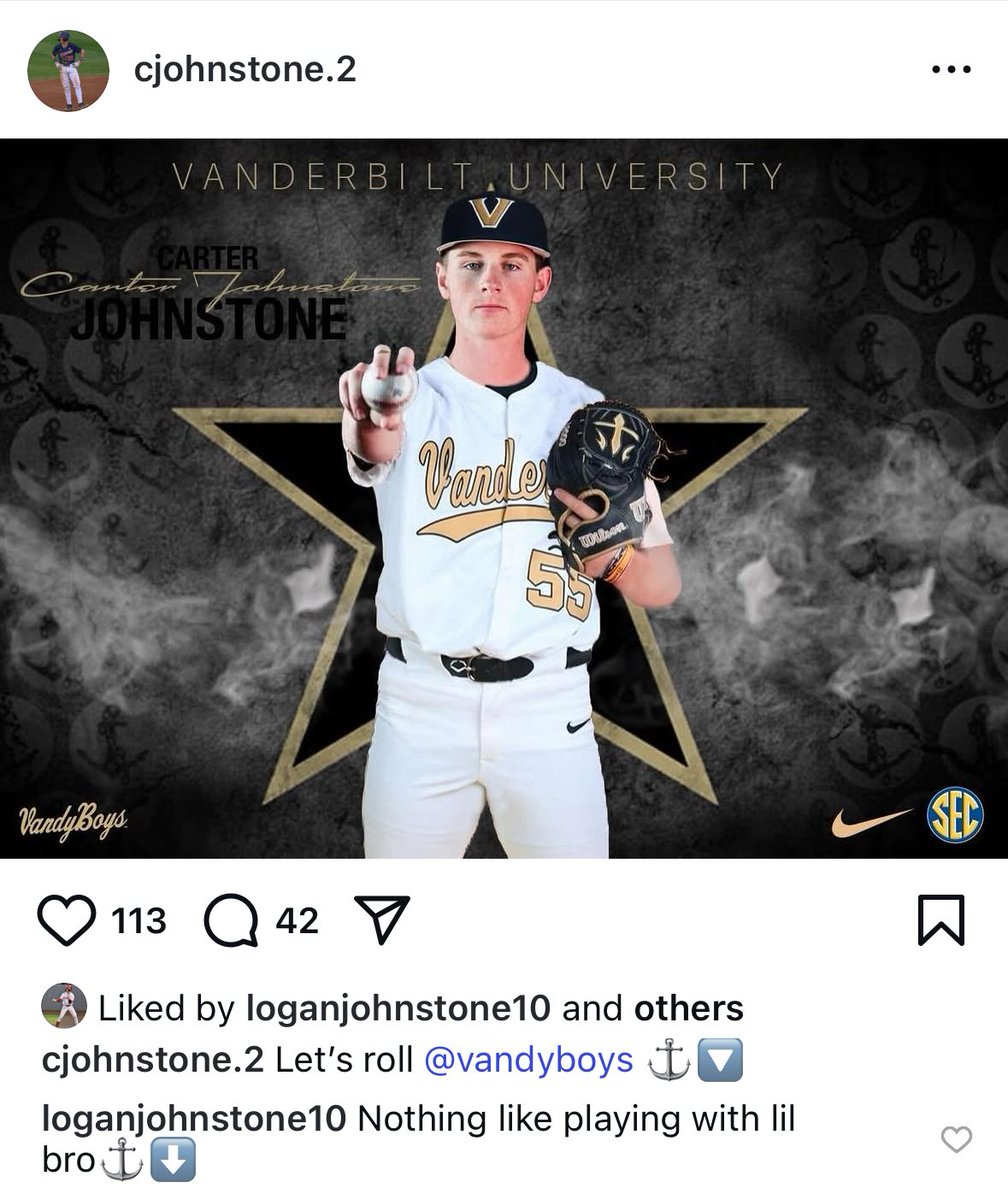 Freshman All-American Carter Johnstone has committed to join his brother Logan with the #VandyBoys. Carter hit .344 with 14 doubles and 7 homers this season, with as many walks as strikeouts. Was CSF’s primary third baseman