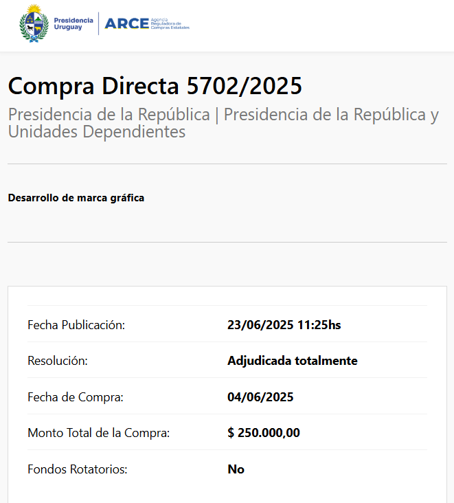 Presidencia de la República contrató un Servicio de Diseño Grafico para el Desarrollo de Marca Gráfica por $250.000.

No hay detalles de a que se refiere, pero esperemos ver una nueva marca gráfica en las próximas semanas/meses