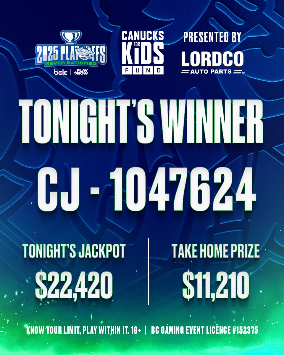 X - Abbotsford Canucks (@abbycanucks) on Twitter photo Congratulations to last night's <a href="/Canucksforkids/">Canucks For Kids Fund</a> Fund 50/50 winner, presented by Lordco!
The winning ticket is CJ - 1047624 , winning $11,210 of our $22,420 total jackpot! Congratulations to last night's <a href="/Canucksforkids/">Canucks For Kids Fund</a> Fund 50/50 winner, presented by Lordco!
The winning ticket is CJ - 1047624 , winning $11,210 of our $22,420 total jackpot!