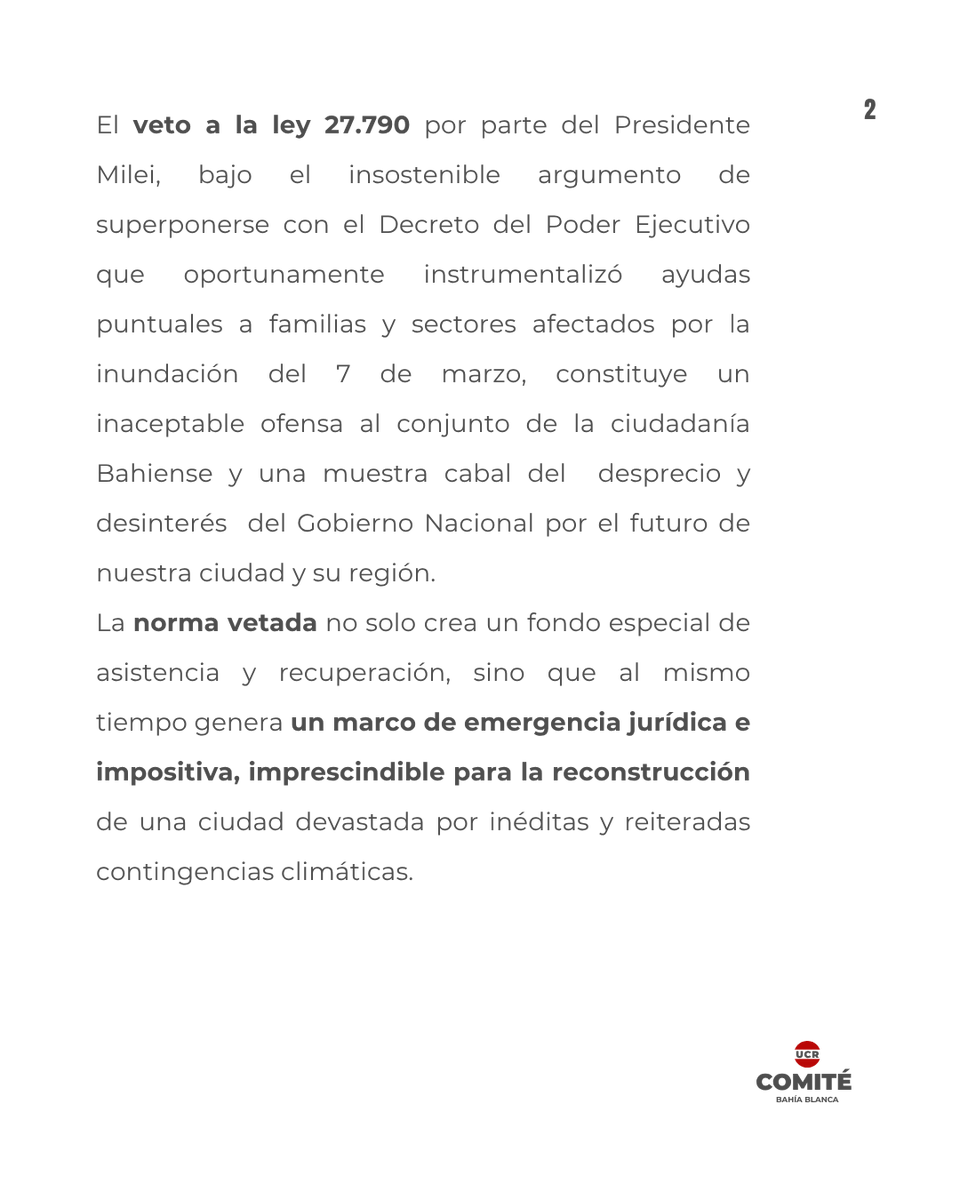 UCRBahiaBlanca's tweet photo. EL ABANDONO Y LA INSENSIBILIDAD COMO POLÍTICA DE GOBIERNO

Son falsos e insostenibles ambos argumentos esgrimidos. La canalización de ayudas y créditos dispuestos por el Decreto 238/25 cubre parcialmente la demanda de afectados registrados.  

1/3🧵

📝 https://t.co/xk1EbaZiiy https://t.co/IPyOyl710S