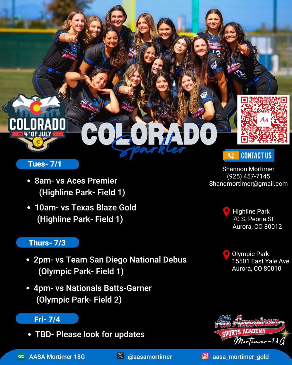 Exciting times for all of us <a href="/aasamortimer/">AASA-Mortimer 18u Gold</a> Girls 🥎. Here is our schedule. We start it off with a recruiting work out on 6/30… 12:30pm 
OLYMPIC PARK
15501 EAST YALE AVE
AURORA, CO 80010.
Then, 7/1 lets the games begin 🥎 ⬇️

<a href="/UCCSSOFTBALL/">UCCSSoftball</a>
<a href="/CSUSMsoftball/">CSUSM Softball</a>
<a href="/CoachAJ10/">Coach AJ Robinson</a>