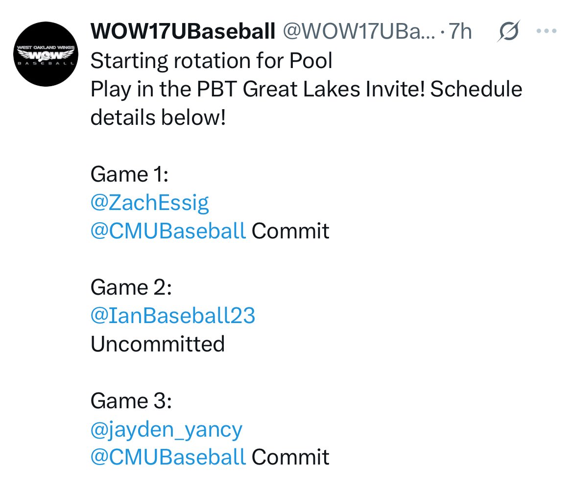 WOW17UBaseball (@wow17ubaseball) on Twitter photo Schedule UPDATE for Pool Play this week for the PBT Great Lakes Invite!
Thursday = No Change!
Friday & Saturday = New Times & Locations!
Starting rotation the same!
See below for details!
<a href="/PrepBaseballMI/">Prep Baseball Michigan</a> <a href="/PrepBaseMIScout/">Prep Baseball Michigan Scouting Coverage</a> <a href="/CoachGoodwinA/">Adam Goodwin</a> Schedule UPDATE for Pool Play this week for the PBT Great Lakes Invite!
Thursday = No Change!
Friday & Saturday = New Times & Locations!
Starting rotation the same!
See below for details!
<a href="/PrepBaseballMI/">Prep Baseball Michigan</a> <a href="/PrepBaseMIScout/">Prep Baseball Michigan Scouting Coverage</a> <a href="/CoachGoodwinA/">Adam Goodwin</a>