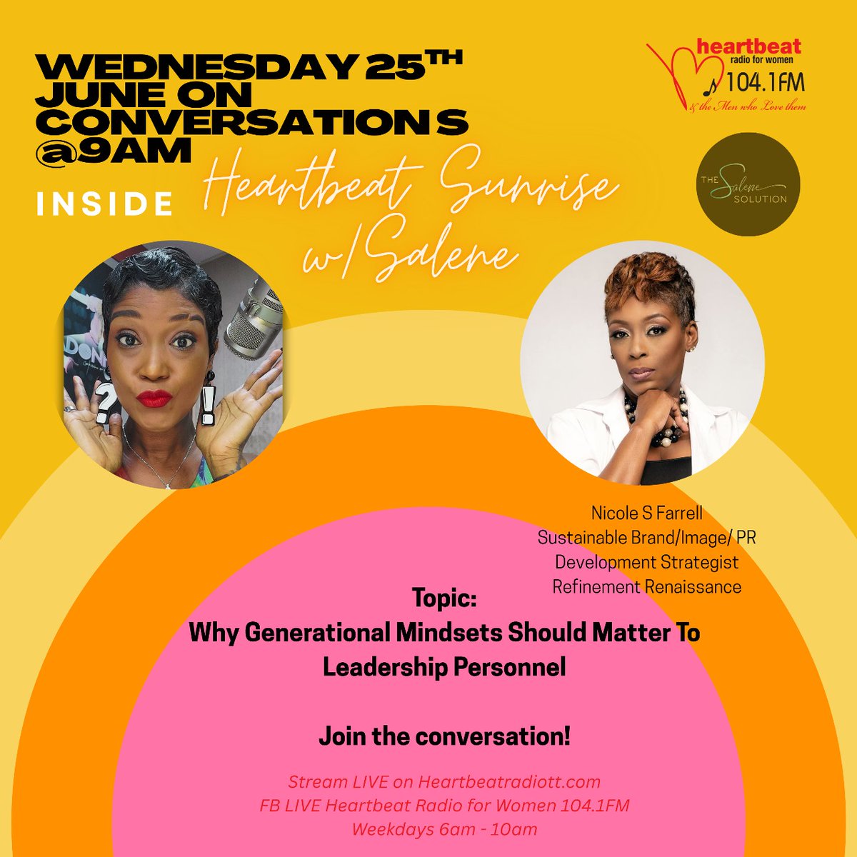 📻📅  Wednesday, June 25th! My interview on HEARTBEAT RADIO FOR WOMEN 104.1 F.M. at 9.00 a.m. EST with Salene Griffith as I share insights on the topic: “Why Generational Mindsets Should Matter To Leadership Personnel”.

Streaming Link:

💻  heartbeatradiott.com