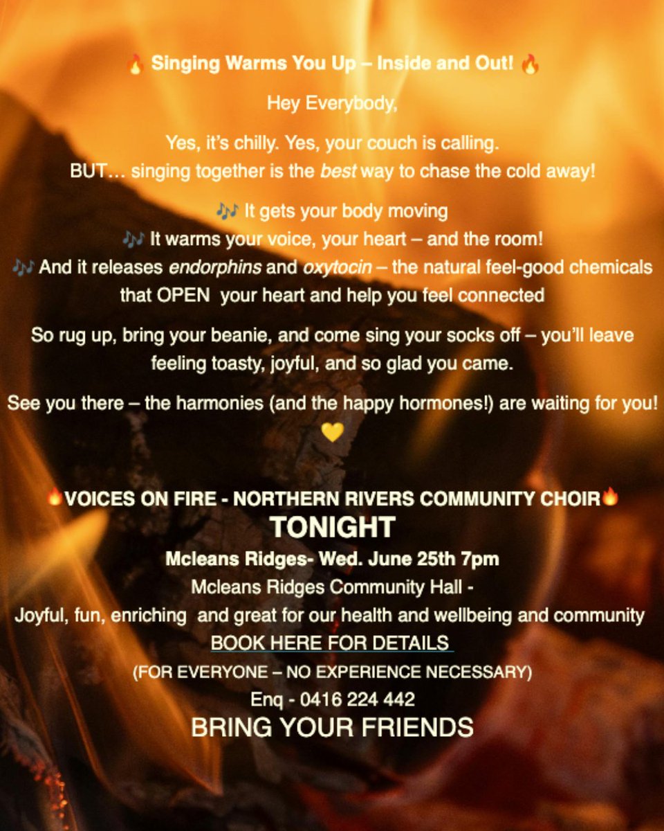 ChrisJamesSound's tweet photo. VOICES ON FIRE - NORTHERN RIVERS COMMUNITY CHOIR
TONIGHT
Mcleans Ridges Community Hall - Wed. June 25th 7pm
Joyful, fun, enriching and great for our health and wellbeing and community
(FOR EVERYONE - NO EXPERIENCE NECESSARY)
Enq - 0416 224 442
BRING YOUR FRIENDS
#Voice #harmony https://t.co/Lg33WOlfsM