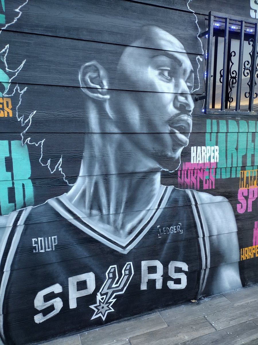 JeffGSpursZone's tweet photo. Looks like they added the new Spurs jersey patch sponsor Ledger to the new Dylan Harper mural at Rudy's Seafood, #porvida fans.... #nba #sanantonio #gospursgo #nbadraft2025 https://t.co/77MPhRbsnu