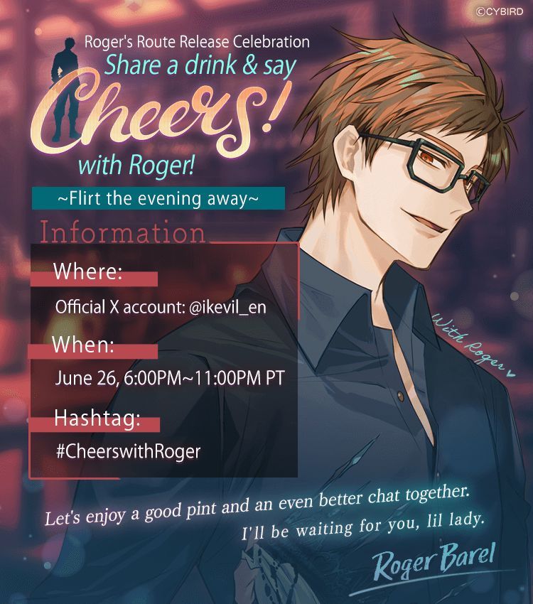 ikevil_en's tweet photo. 👑Per Her Majesty's Request👑

To celebrate Roger's upcoming release, the Hunter wants to chat with you over some drinks! Use: 

#CheerswithRoger

Post your questions to him now &amp; see if he responds on June 26th~!✨

🔻Route Teaser🔻
https://t.co/GncEhPon7D 

#ikevil https://t.co/N4X5DcDnNY