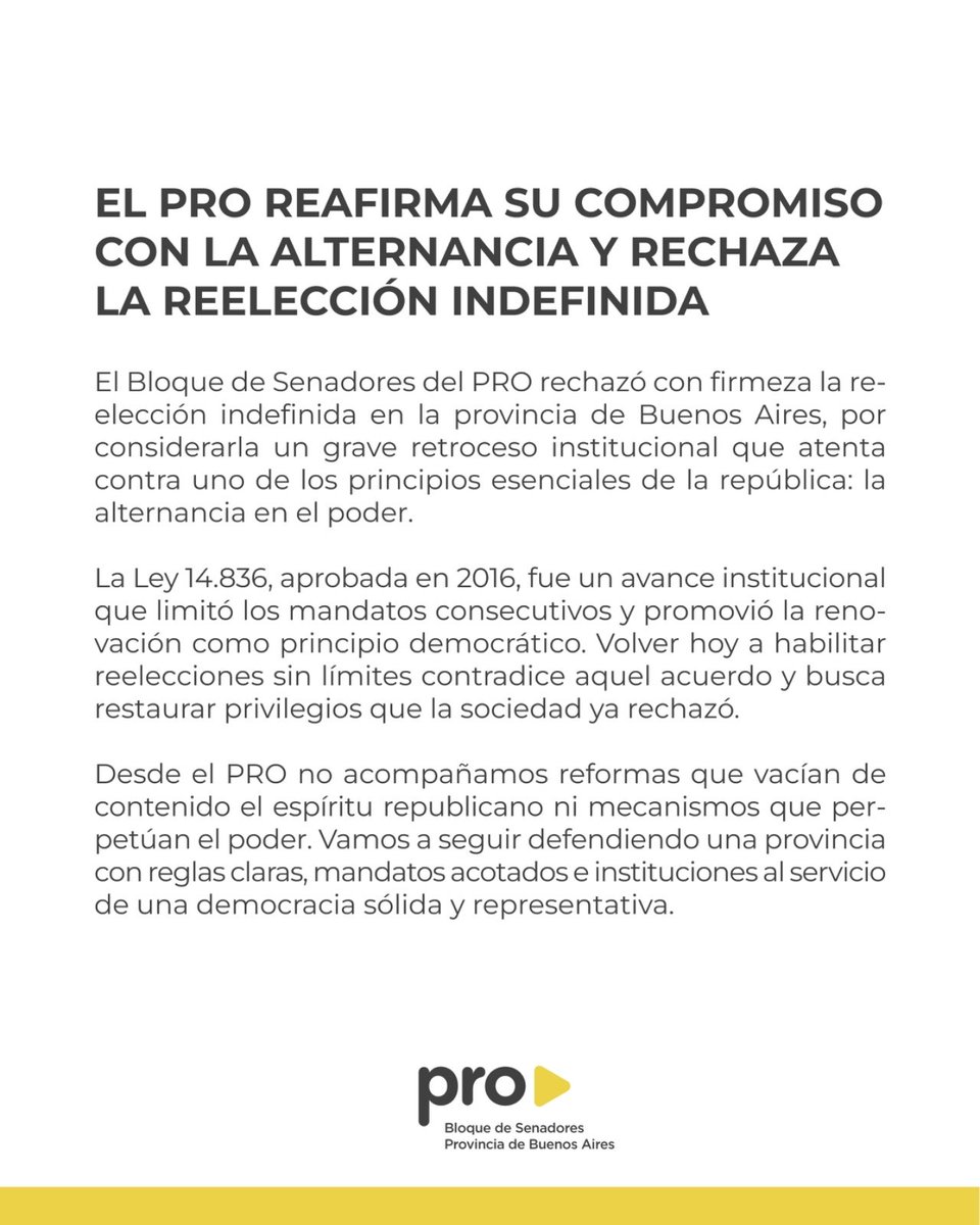 El PRO rechazo la reelección indefinida en la provincia.
No vamos a avalar privilegios eternos ni retrocesos institucionales.
Defendemos la alternancia y los límites al poder .