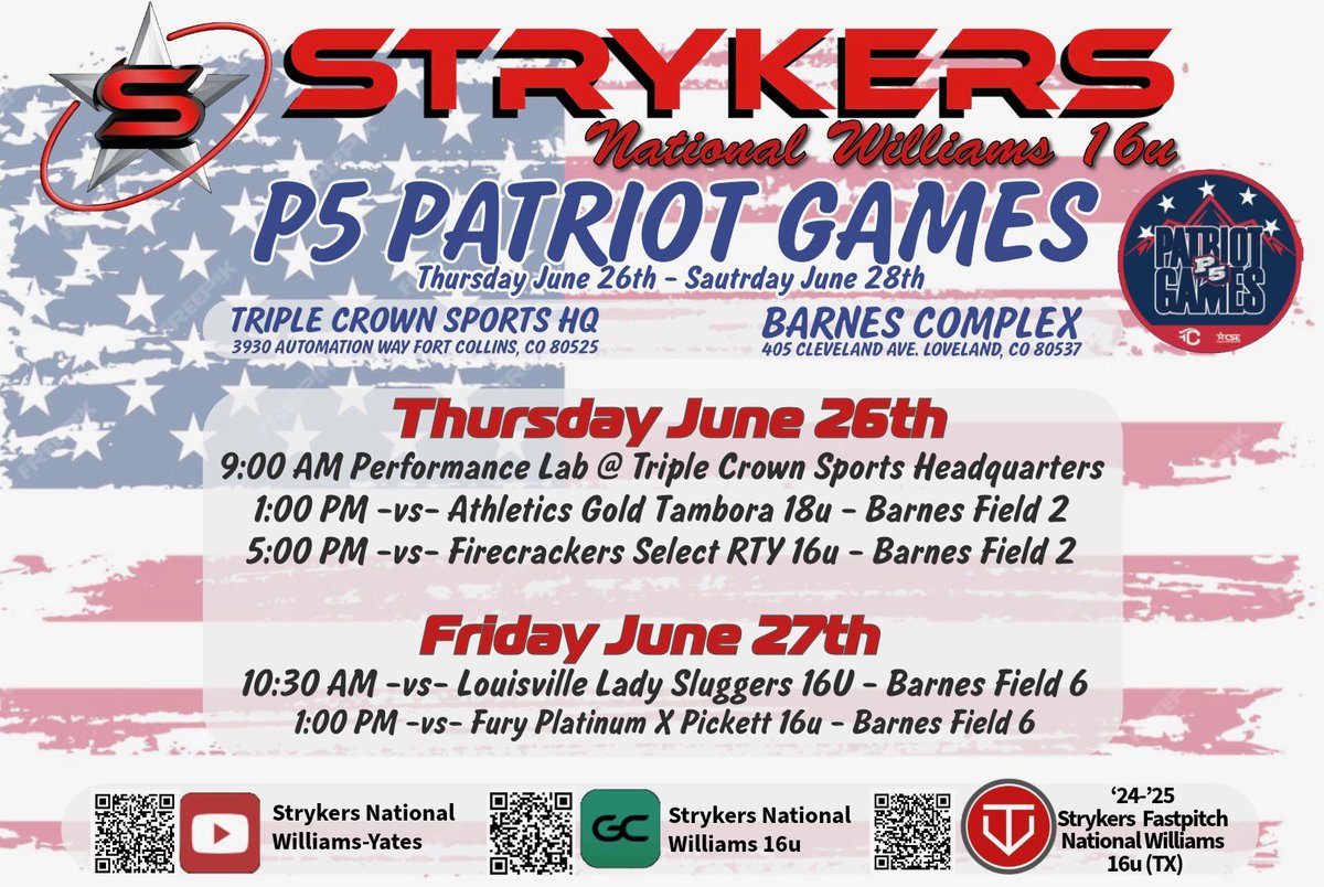 It’s time for Colorado! Here’s my team’s schedule for the Patriot Games and Sparkler. I’ll also be playing in the All-Academic Games (7PM) on June 30th.
🧨 ⛰️🌄