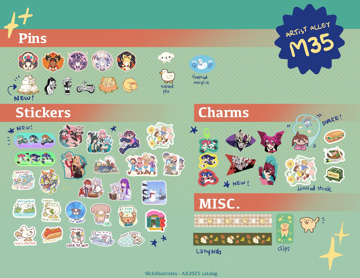 chi π AX M35 (@chillustrates) on Twitter photo It's time for AX catalogue!
I'll be at artist Alley M35 with <a href="/Yes__Pop/">yespop! (*Β΄β‘`*)</a> this year! My first year tabling in a while so everything is limited stock, no guarantee to come back.. I will also have limited amount of handmade clay ducks!
#ax2025 #AX2025ArtistAlley #AXArtistAlley2025 It's time for AX catalogue!
I'll be at artist Alley M35 with <a href="/Yes__Pop/">yespop! (*Β΄β‘`*)</a> this year! My first year tabling in a while so everything is limited stock, no guarantee to come back.. I will also have limited amount of handmade clay ducks!
#ax2025 #AX2025ArtistAlley #AXArtistAlley2025