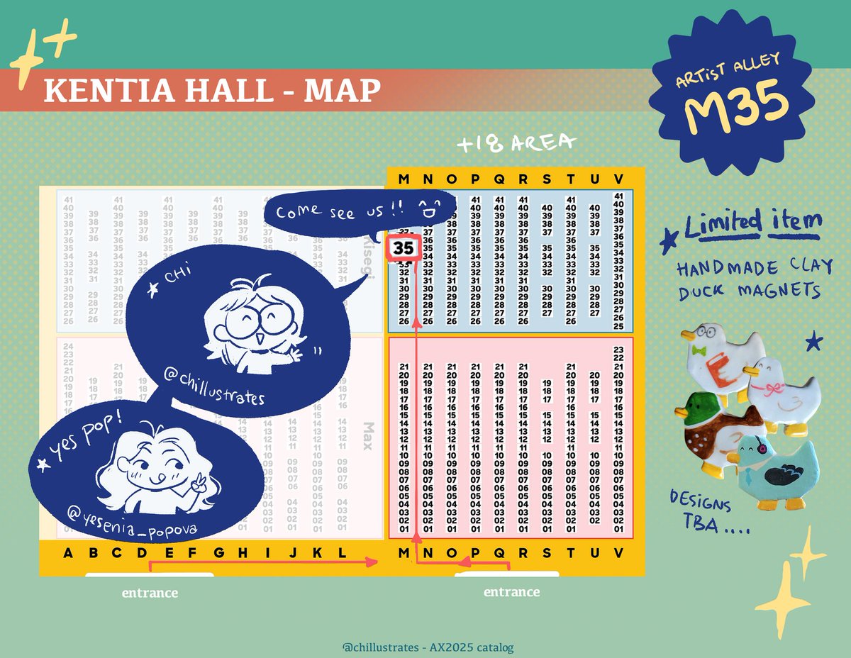 chillustrates's tweet photo. It's time for AX catalogue!
I'll be at artist Alley M35 with @Yes__Pop this year! My first year tabling in a while so everything is limited stock, no guarantee to come back.. I will also have limited amount of handmade clay ducks!

#ax2025 #AX2025ArtistAlley #AXArtistAlley2025 https://t.co/iSqsG3b74a
