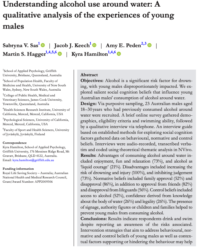 🚨 New publication in British Journal of Health Psychology!

We explored why young Australian men drink 🍸🍻 around water, a major drowning risk. Findings highlight key beliefs that can inform prevention.

📖 Read: doi.org/10.1111/bjhp.1…
