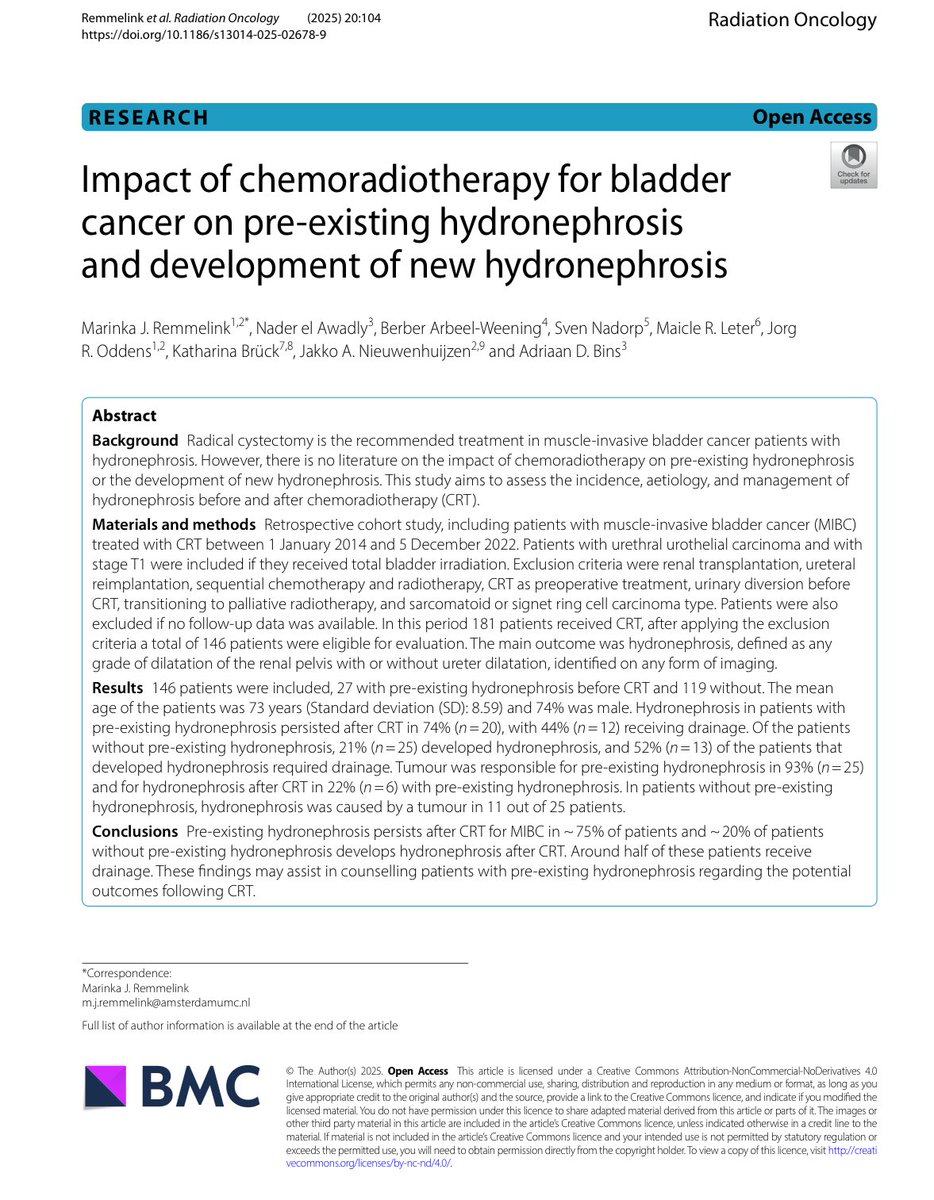 LauraBukavinaMD's tweet photo. New data on hydro TMT in MIBC 🚨guess that’s why it’s not ideal 👎
📊 74% of patients with pre-existing hydronephrosis still had it post-TMT 
💧 21% of patients WITHOUT hydronephrosis developed it after TMT
🧵 52% of new cases needed PCNT drainage…. https://t.co/0URFvayrCQ
#BladderCancer