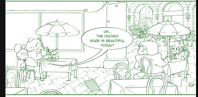 the perspective in this panel is bothering me, all the vanishing points are on the same horizon line so technically it should work, but something looks off

(the grate is intentionally misaligned with the ground) 
