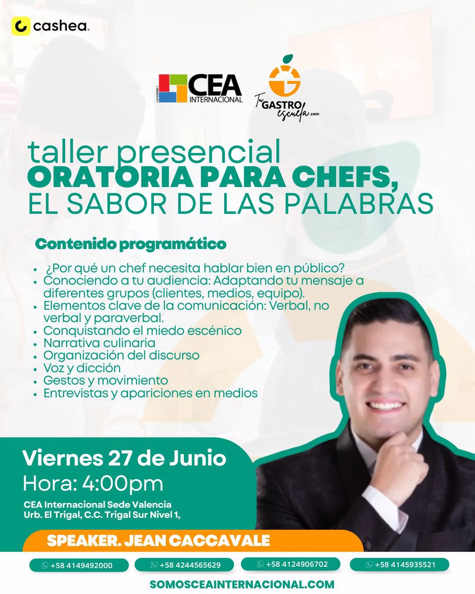Taller presencial 🚀 Oratoria para Chefs

Facilitador: Jean Caccavale 

Comunica de manera efectiva y persuasiva tus ideas, recetas y conceptos culinarios, mejora tu presencia escénica y capacidad para conectar con audiencias diversas o liderar equipos de cocina.