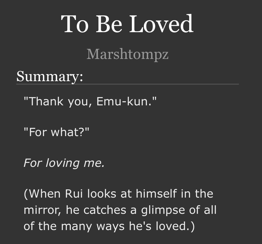 Marshtompz's tweet image. HAPPY BIRTHDAY RUI! Kinda late birthday fic because I ended up writing WAY more than I intended. Oops!
archiveofourown.org/works/66869203
#Emurui #類えむ