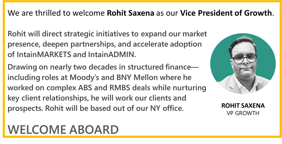 SidIntain1's tweet image. Rohit combines proven deal‑modelling and analytics experience with a leading trustee and a rating agency, that aligns with Intain’s data-first philosophy. This will help us explore new asset classes and deal structures, and embed AI deeper into everyday workflow