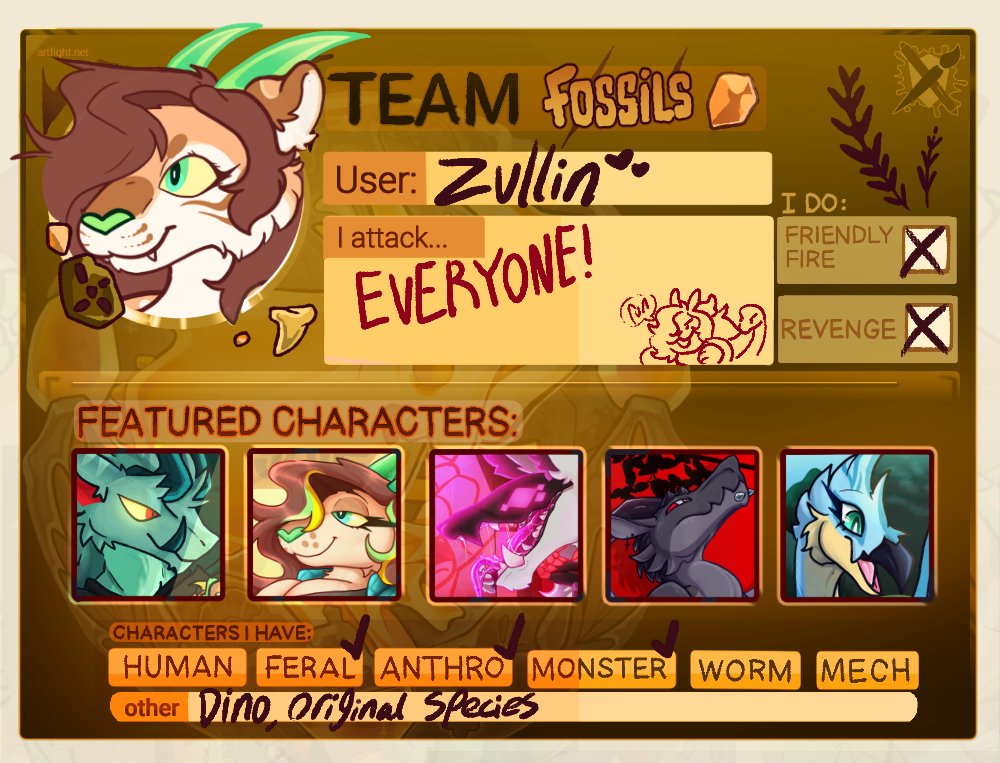 I'll be doing art fight again this year!! and with new OC's :3c

I won't be going too ham with art like last year literally doing a piece of day 😵‍💫
artfight.net/~Zullin