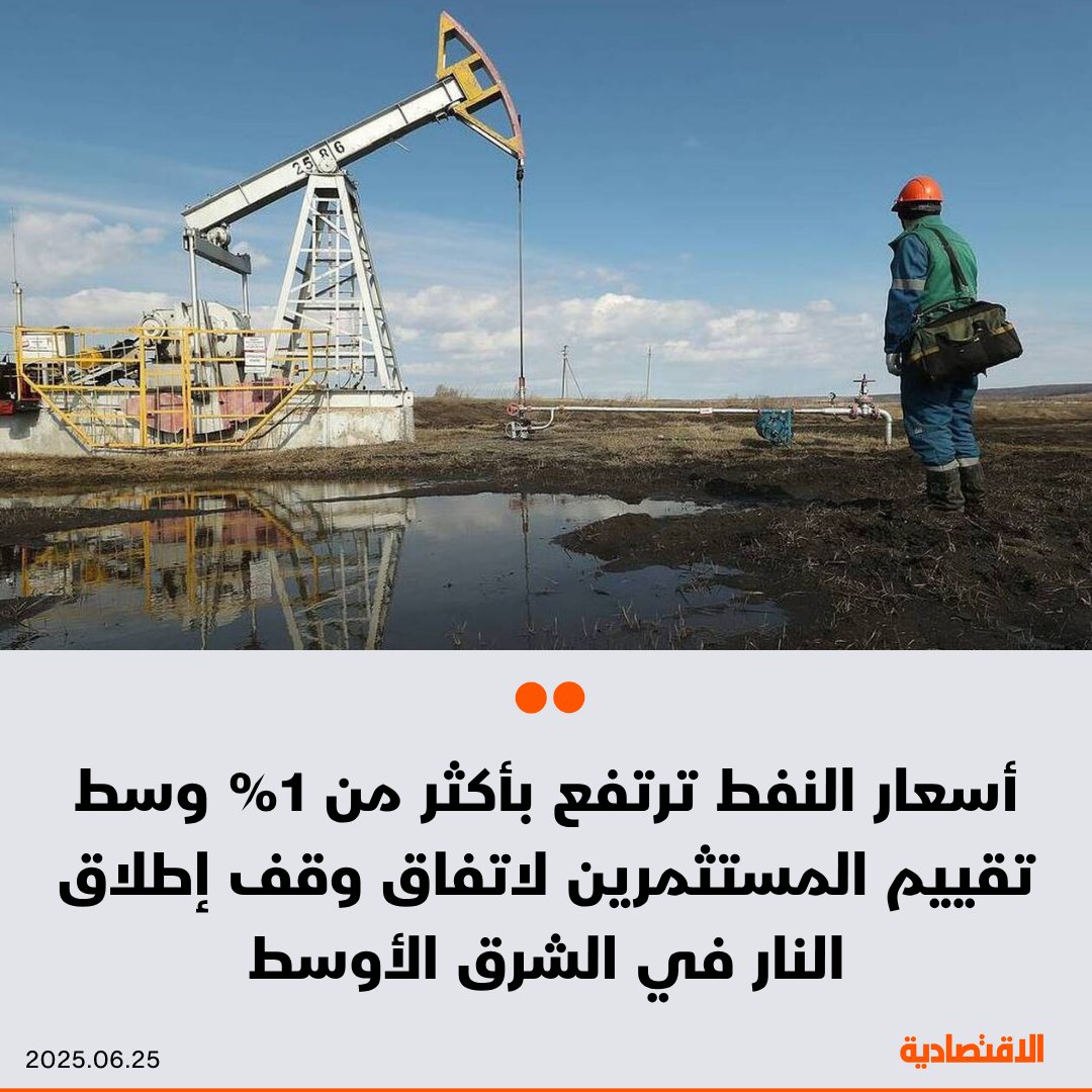 ارتفعت أسعار #النفط بأكثر من 1% في التعاملات المبكرة اليوم، في وقت يعكف فيه المستثمرون على تقييم صمود وقف إطلاق النار بين إيران وإسرائيل

🟠زادت العقود الآجلة لخام #برنت إلى 67.89 دولار للبرميل

🟠صعد خام غرب تكساس الوسيط الأمريكي إلى 65.08 دولار

للتفاصيل: