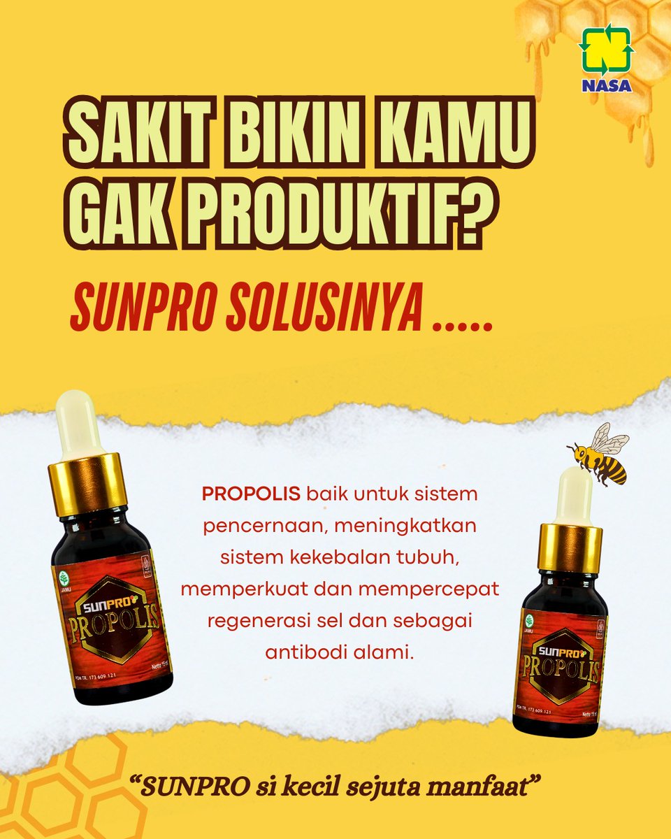 ptnasa's tweet image. Rahasia tubuh sehat alami? SUNPRO PROPOLIS jawabannya! 🌿💚

Propolis kaya akan antioksidan yang baik untuk tubuh dan membantu pembentukan jaringan kulit baru!

Lebih sehat, lebih kuat, lebih bertenaga!!🔥
Ayo, tingkatkan daya tahan tubuhmu sekarang!

#SUNPRO #SunproNanoPropolis