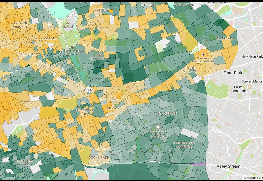 Pretty striking here: You can see a distinct line of support for Zohran Mamdani along the Hillside Avenue corridor in Queens, home to many South Asian voters. (This is 57% in)