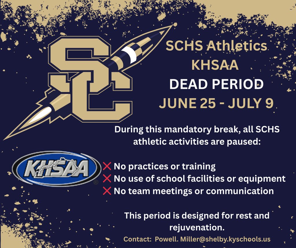 Rest is part of the grind. 💪
KHSAA Dead Period means it’s time to step back, recharge, and reset—so we can come back stronger. 💙💛

#SCHSRockets #RocketsGoBeyond #SCHSAthletics #KHSAA