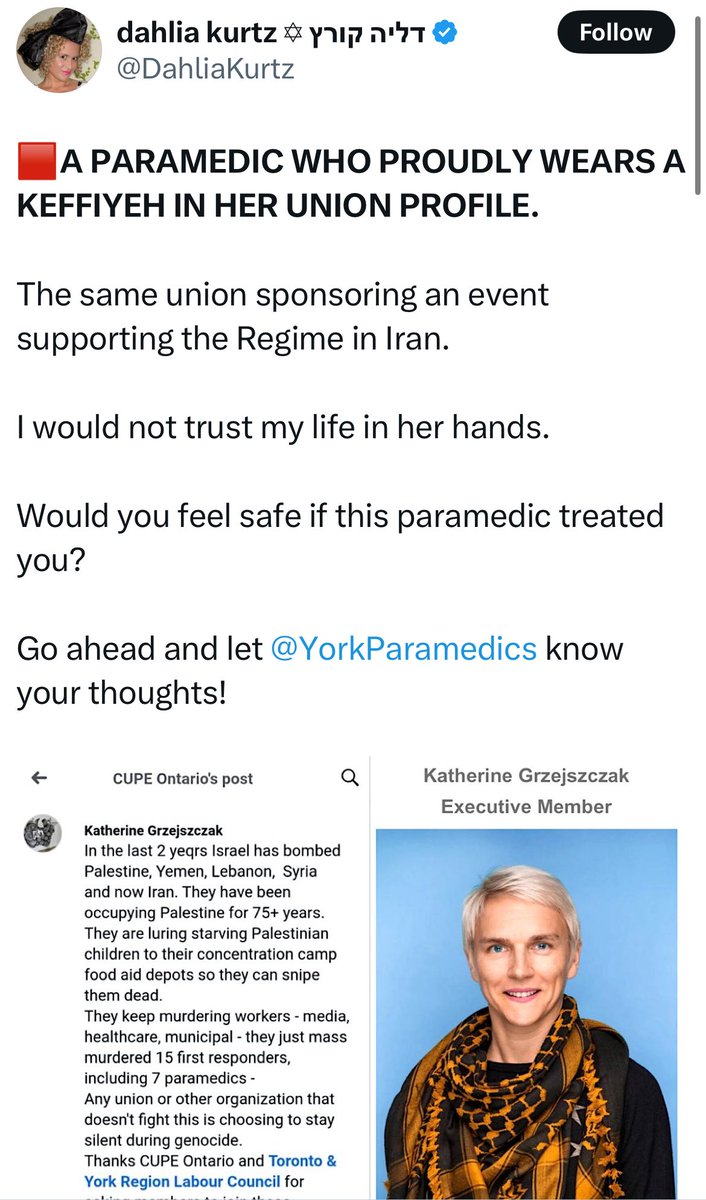 Samira Mohyeddin سمیرا (@smohyeddin) on Twitter photo Days before <a href="/YorkParamedics/">York Paramedics</a> fired Katherine Grzejszczak - Zionist agitator Dahlia Kurtz whipped up her followers on X and told them to complain about her wearing a keffiyeh👇 Days before <a href="/YorkParamedics/">York Paramedics</a> fired Katherine Grzejszczak - Zionist agitator Dahlia Kurtz whipped up her followers on X and told them to complain about her wearing a keffiyeh👇