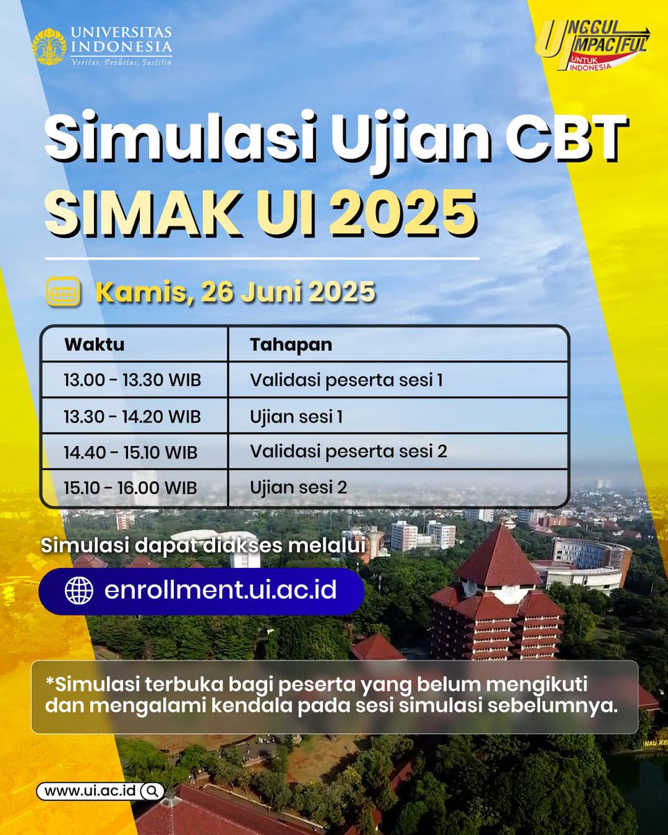 Halo, Pejuang SIMAK UI 2025👋🏻

Sobat UI yang kemarin masih tertinggal atau mengalami kendala saat mengikuti simulasi ujian, jangan khawatir ya, karena kamu masih punya kesempatan, lho 🤩

Kamu dapat mengikuti simulasi selanjutnya pada Kamis, 26 Juni 2025 di dua sesi yang